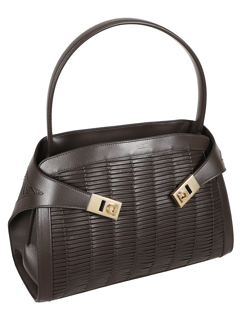 Ferragamo Structured Brown Handbag With Woven Leather Design And Gold Accents