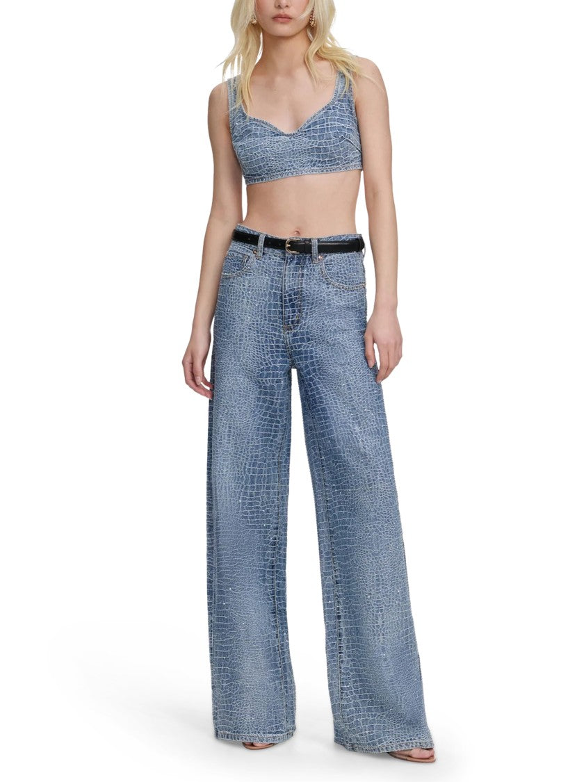 Self-Portrait Rhinestone-Embellished Croc Effect Wide-Leg Jeans