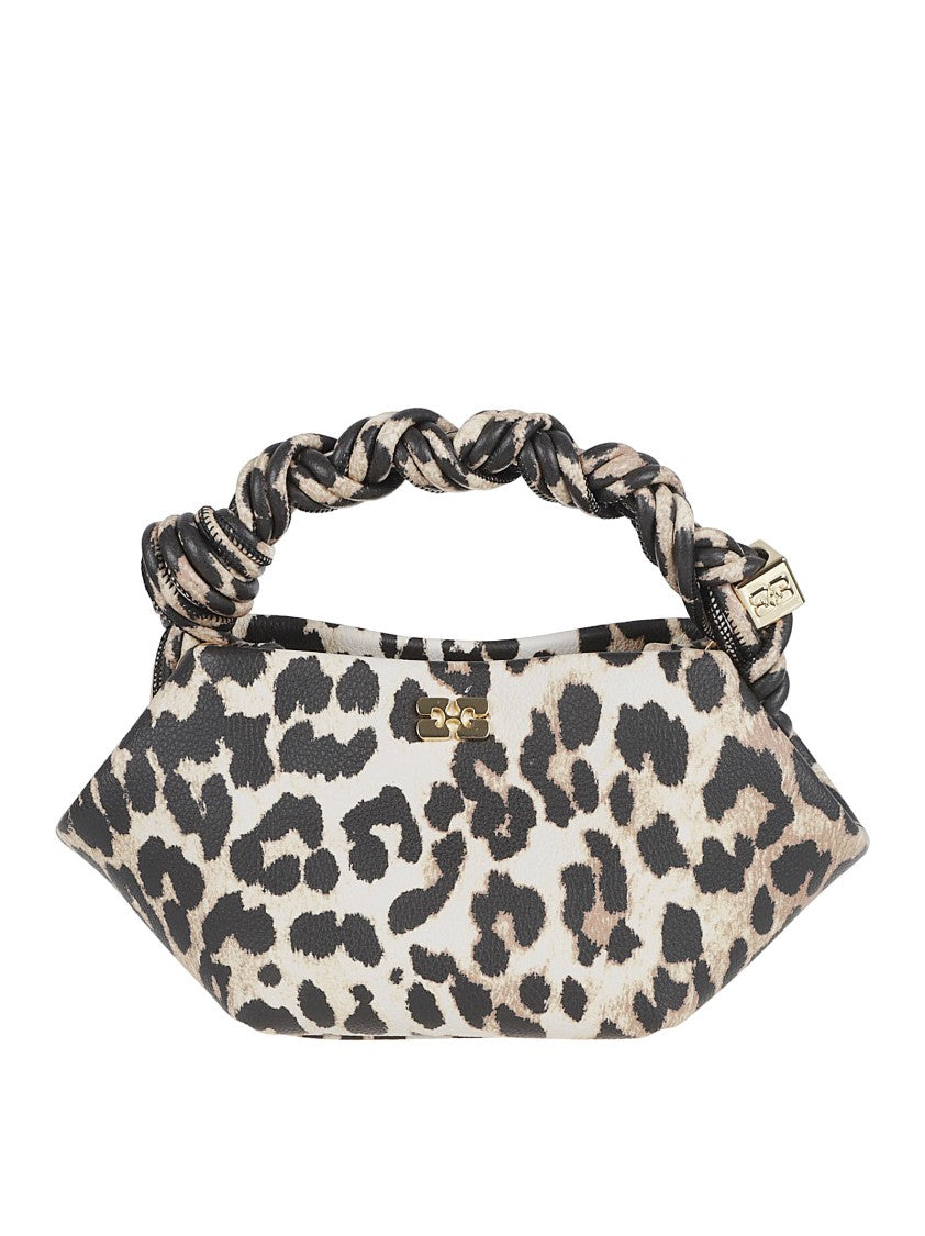 Ganni Leopard Print Bag With Braided Top Handle And Adjustable Strap