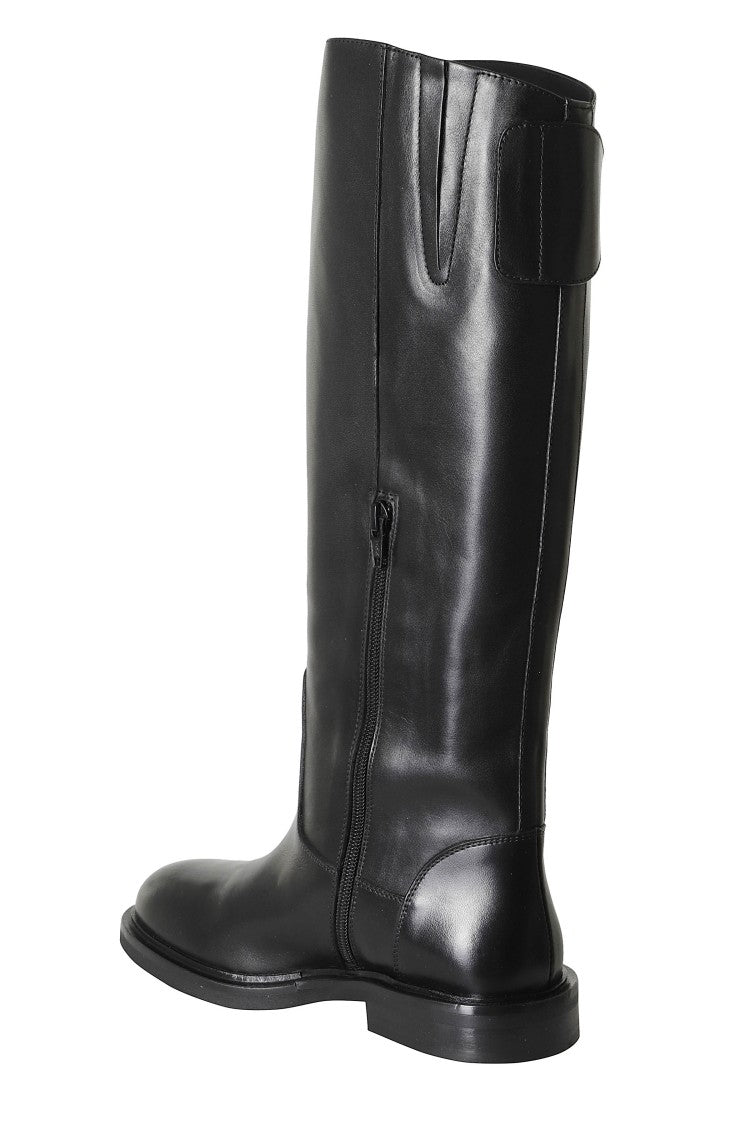 Poeve Knee-High Black Leather Boots With Side Zipper Closure