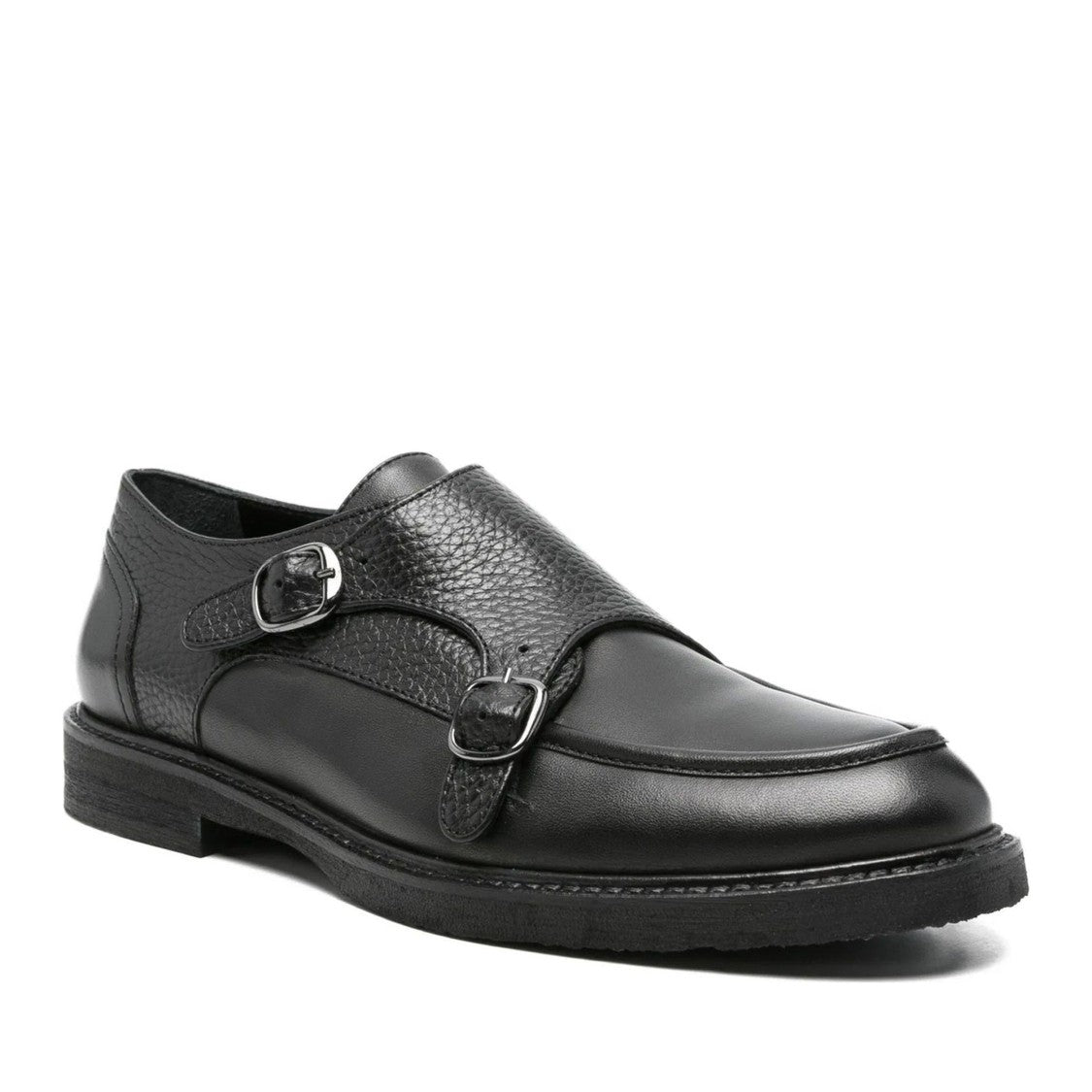 Adrianna Feretti Black Textured Silver Buckles Leather Loafers