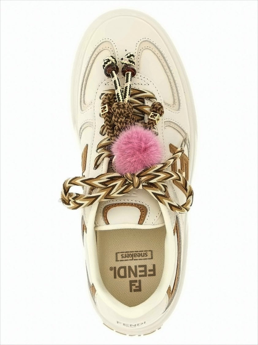 Fendi Creamy Leather Sneakers With Colorful Pom-Poms