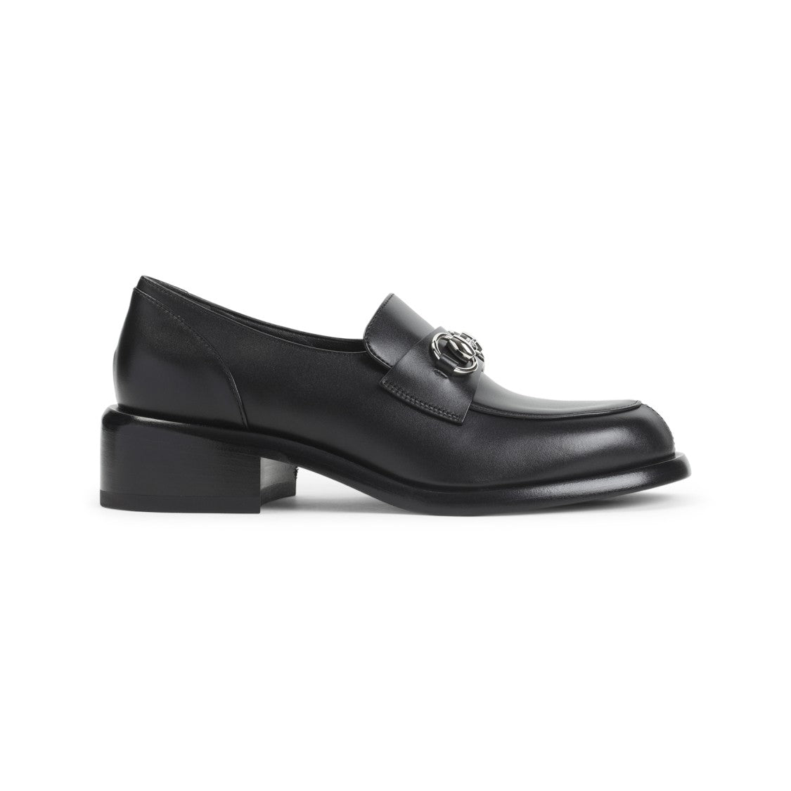 Gucci Black Leather Loafers With Block Heel And Emblem Detail