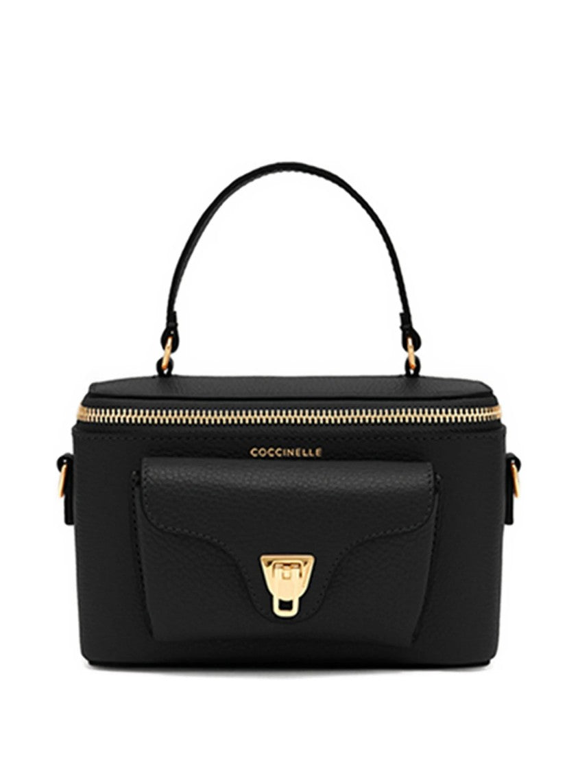 Coccinelle Structured Black Leather Shoulder Bag With Gold Accents