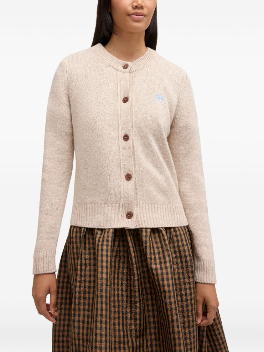 Ganni Knitted Beige Cardigan With Embroidered Logo