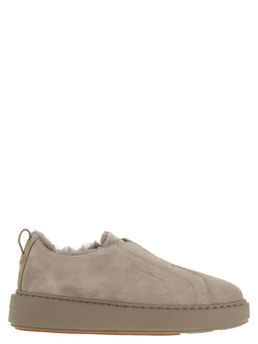 Santoni Slip-On Suede Sneakers With Fur