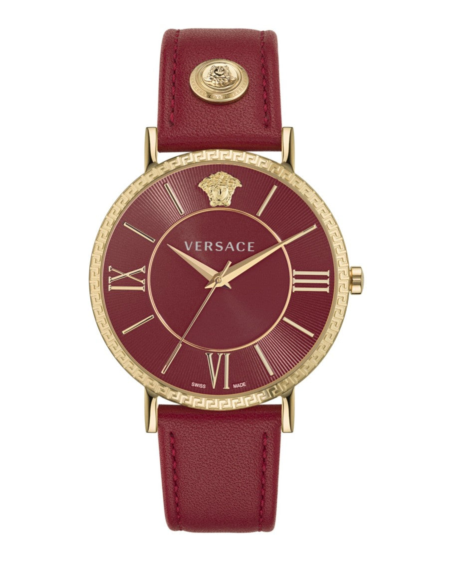 Versace V-Eternal Leather Watch With Red Guilloche Dial