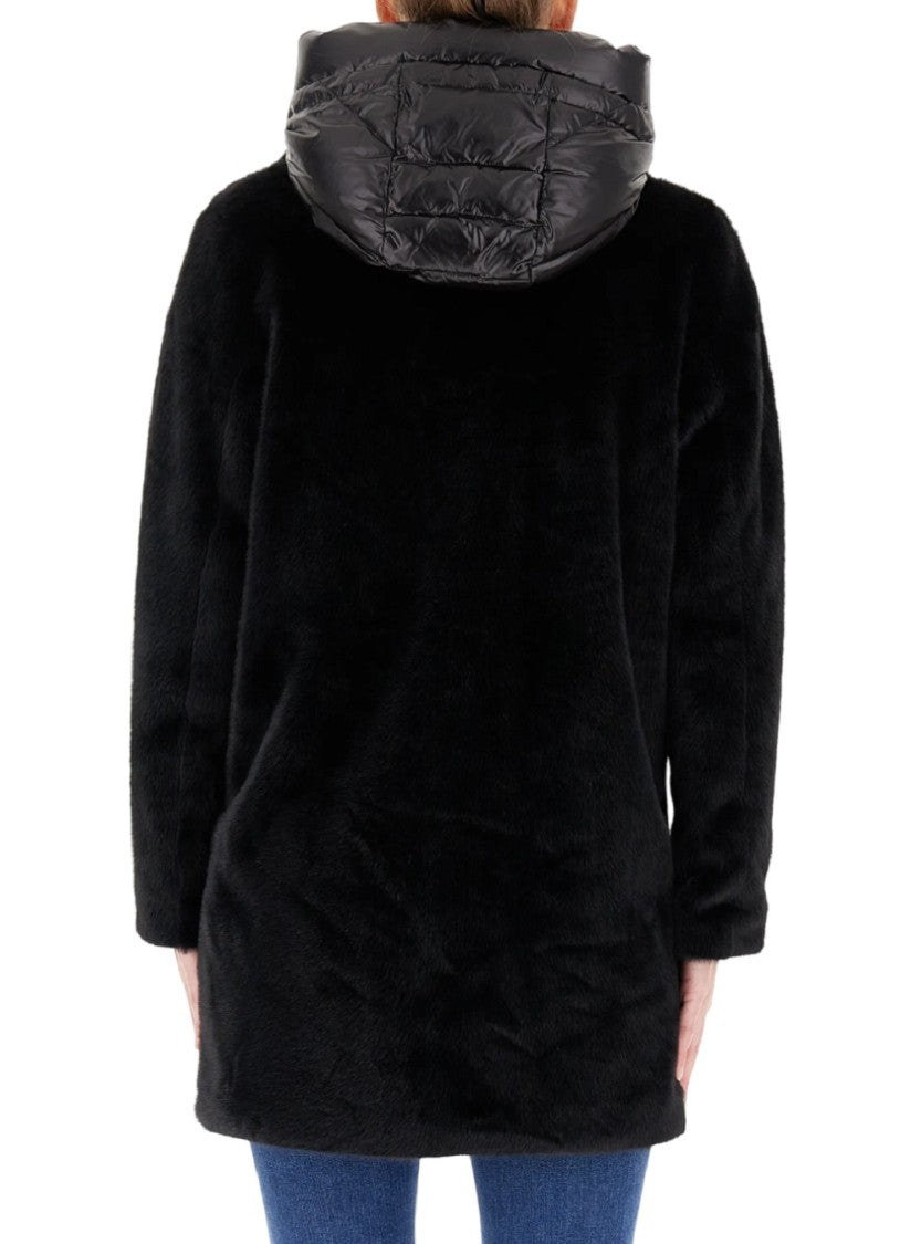 Bomboogie Black Single-Breasted Faux Fur Hooded Jacket