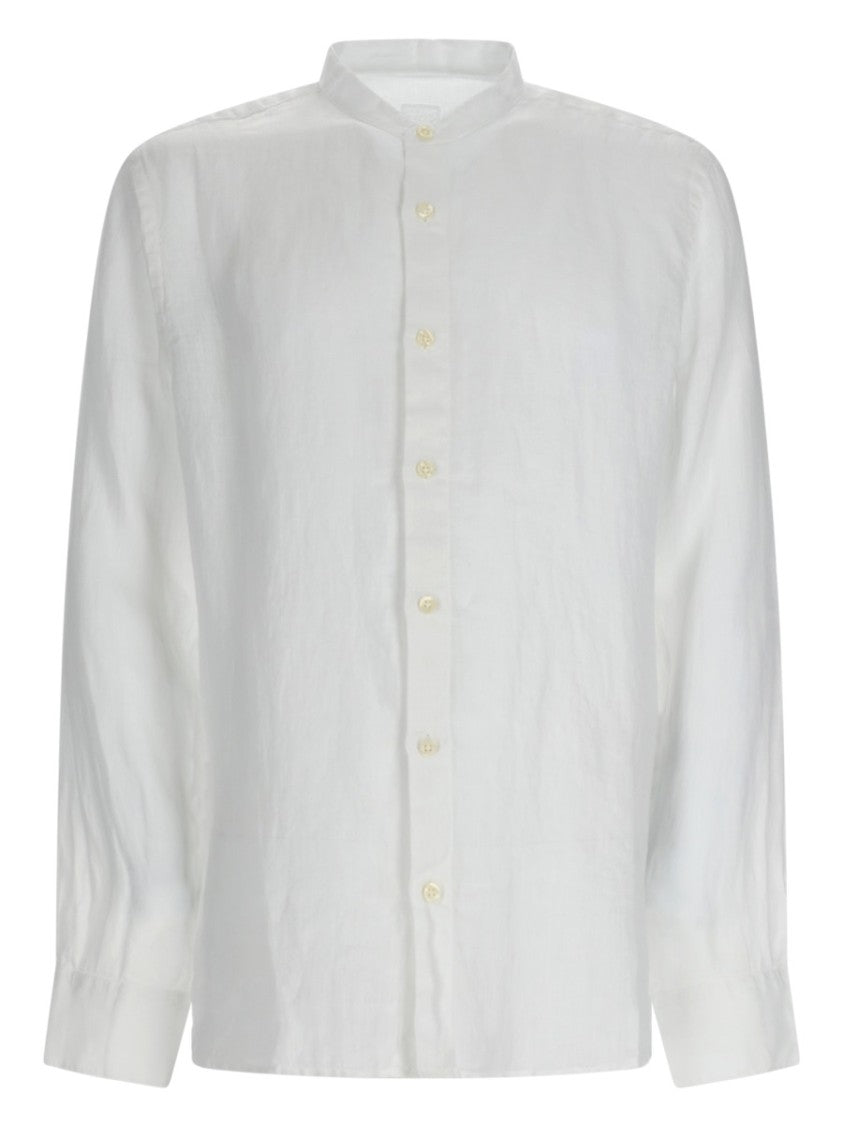 120% Lino White Mandarin Collar Linen Casual Shirt