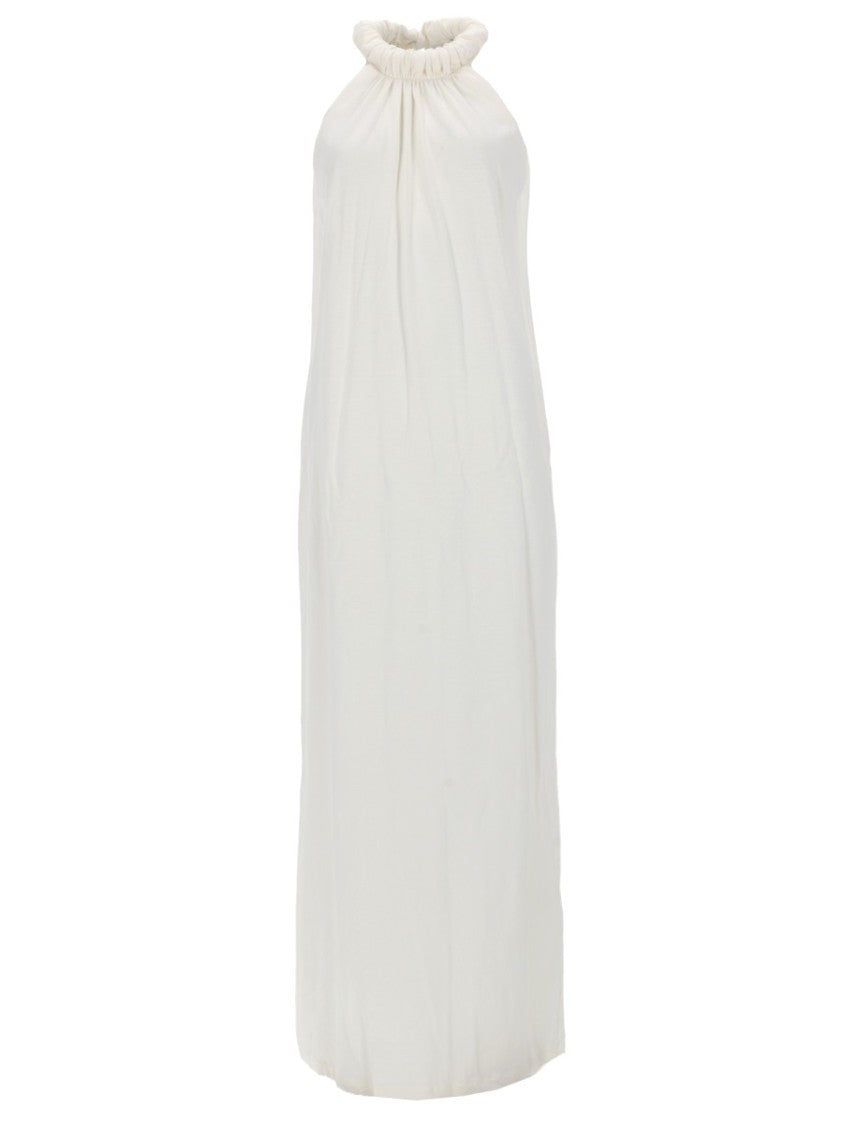 Nude Gathered High Neck Cotton Maxi Dress