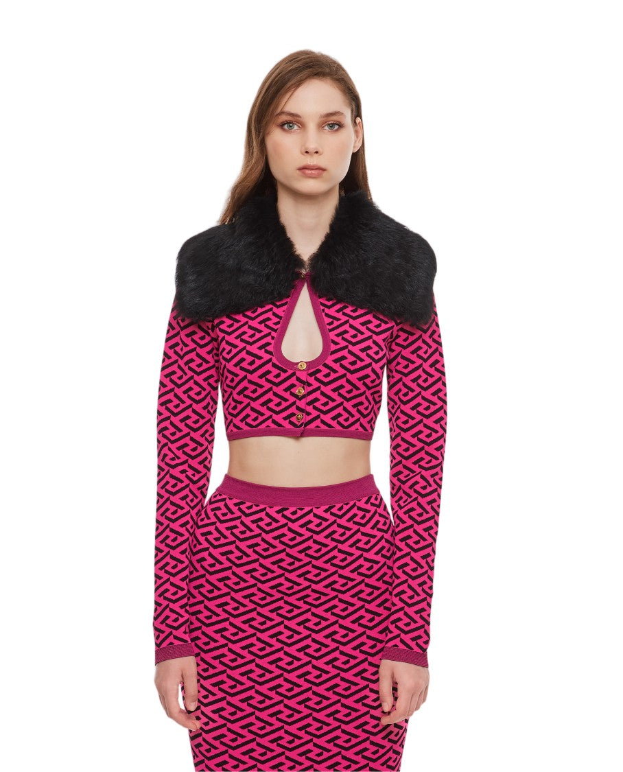Versace Cropped Knitted Sweater With Faux Fur Collar