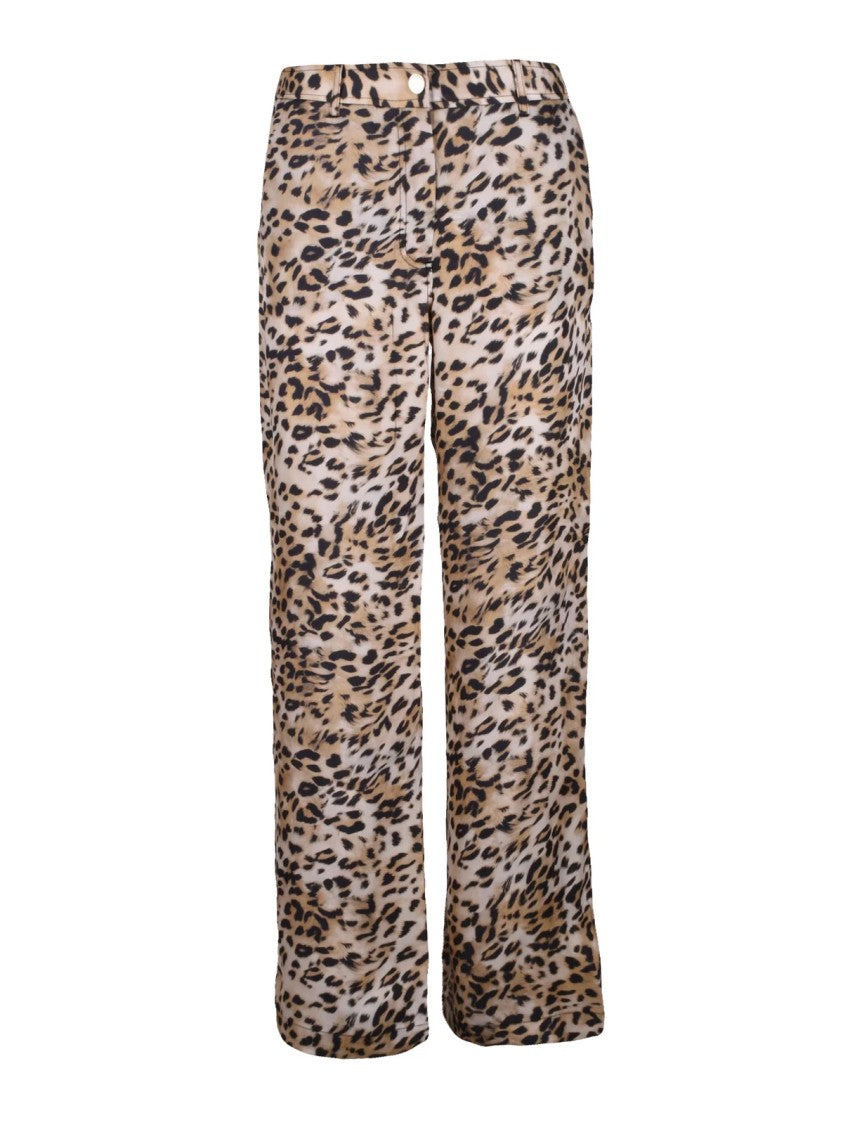 Guess Beige And Black Leopard Print Satin Wide Leg Trousers