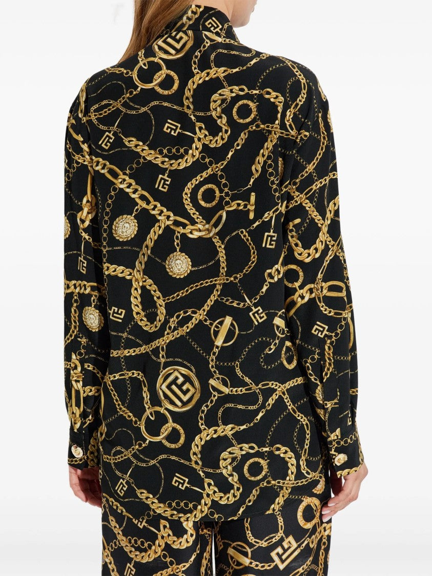 Balmain Black Ls Shirt Chain Print Silk Shirt
