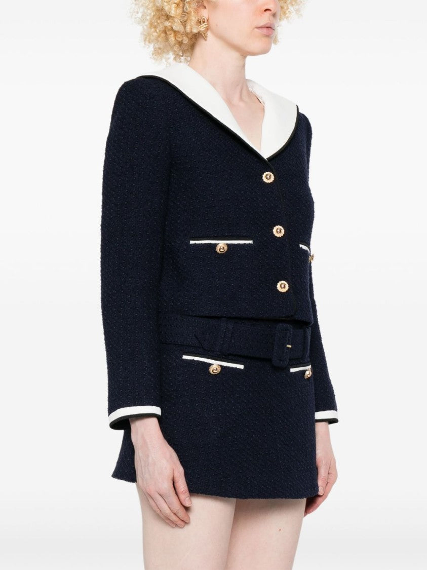 Self-Portrait Navy Blue Contrast Bouclé Collar Jacket