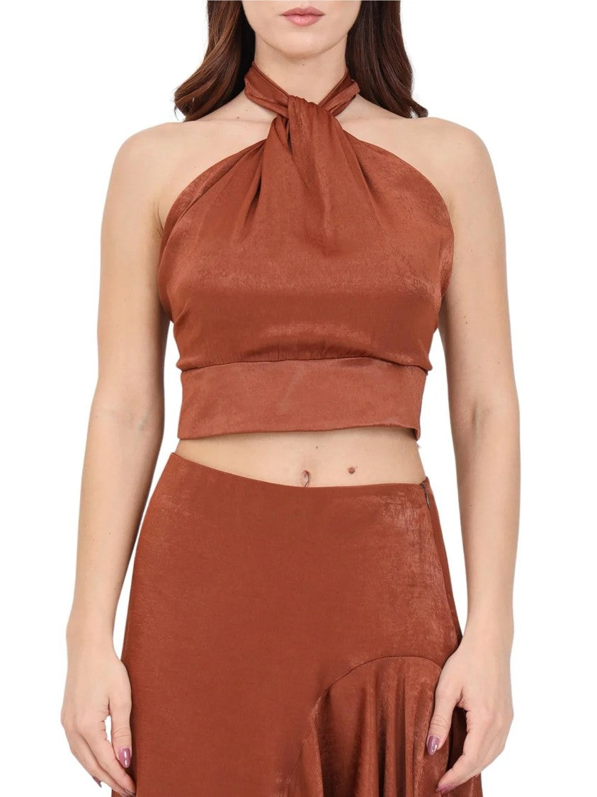 Akep Brown Viscose-Blend Sleeveless Halter Crop Top