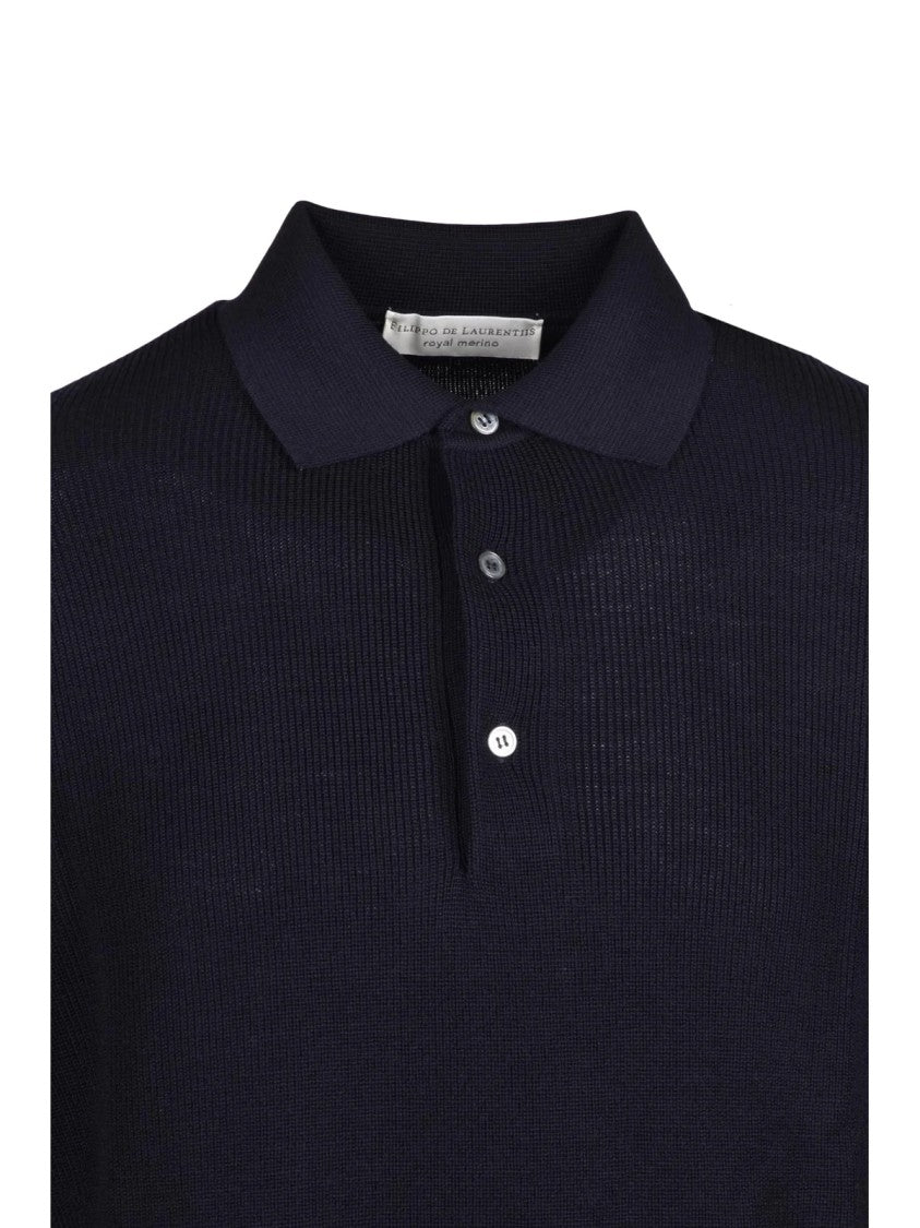 Filippo De Laurentiis Black Merino Wool Knit Polo Shirt