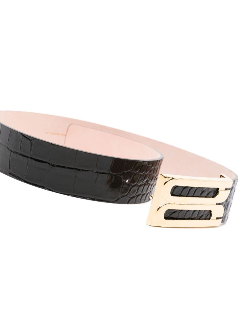 Victoria Beckham Embossed Crocodile Effect Black Calf Leather Belt