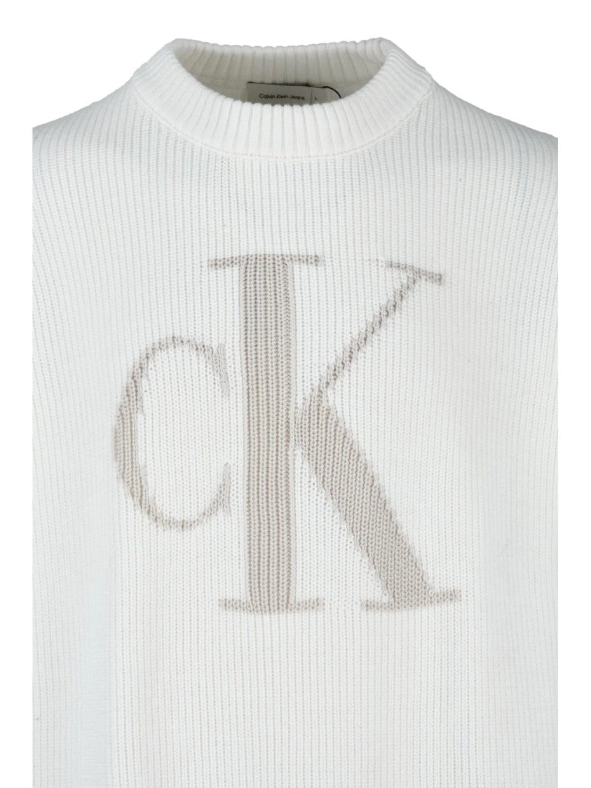 Calvin Klein Jeans White Crewneck Ribbed Cotton Sweater