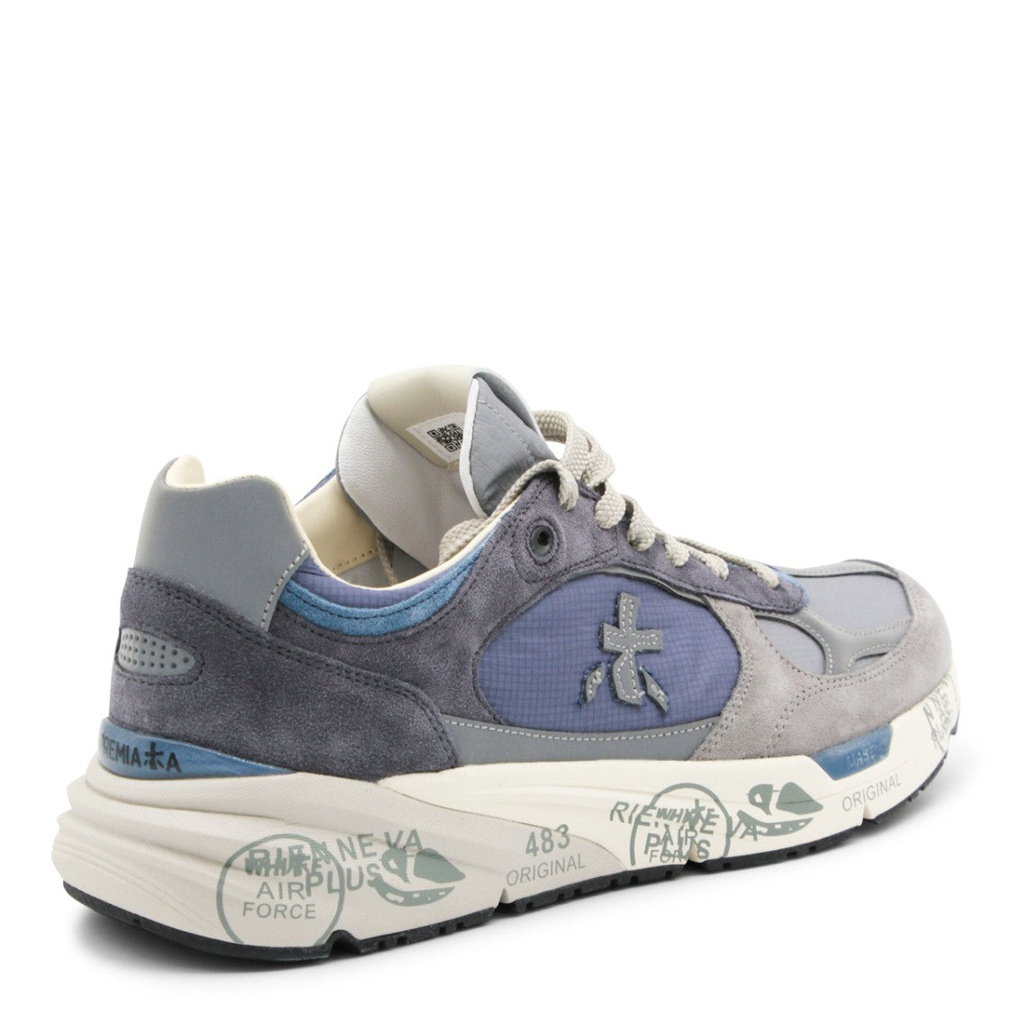 Premiata Layered Grey And Blue Sneakers With Stitched Logo