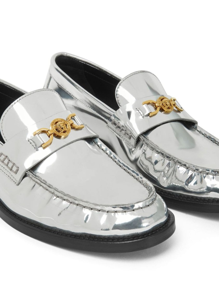 Versace Silver-Tone Lambskin Flats With Medusa Plaque