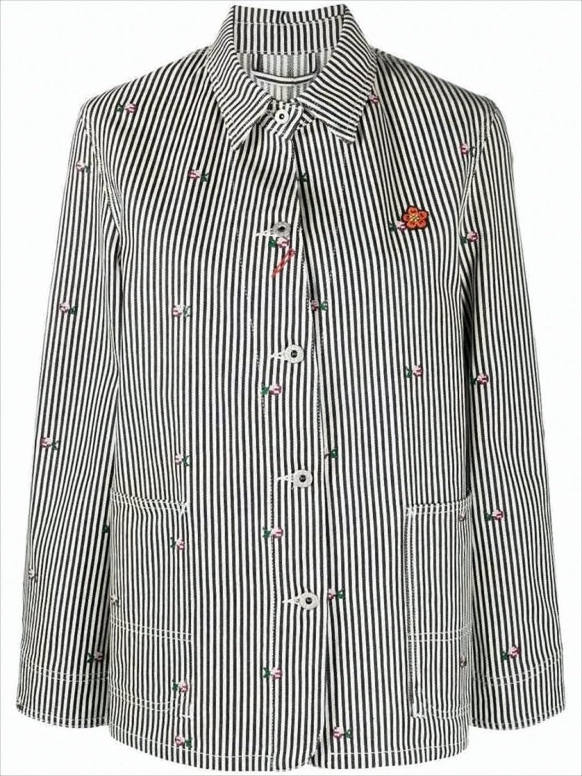 Kenzo Vertical Striped Casual Jacket With Embroidered Floral Details