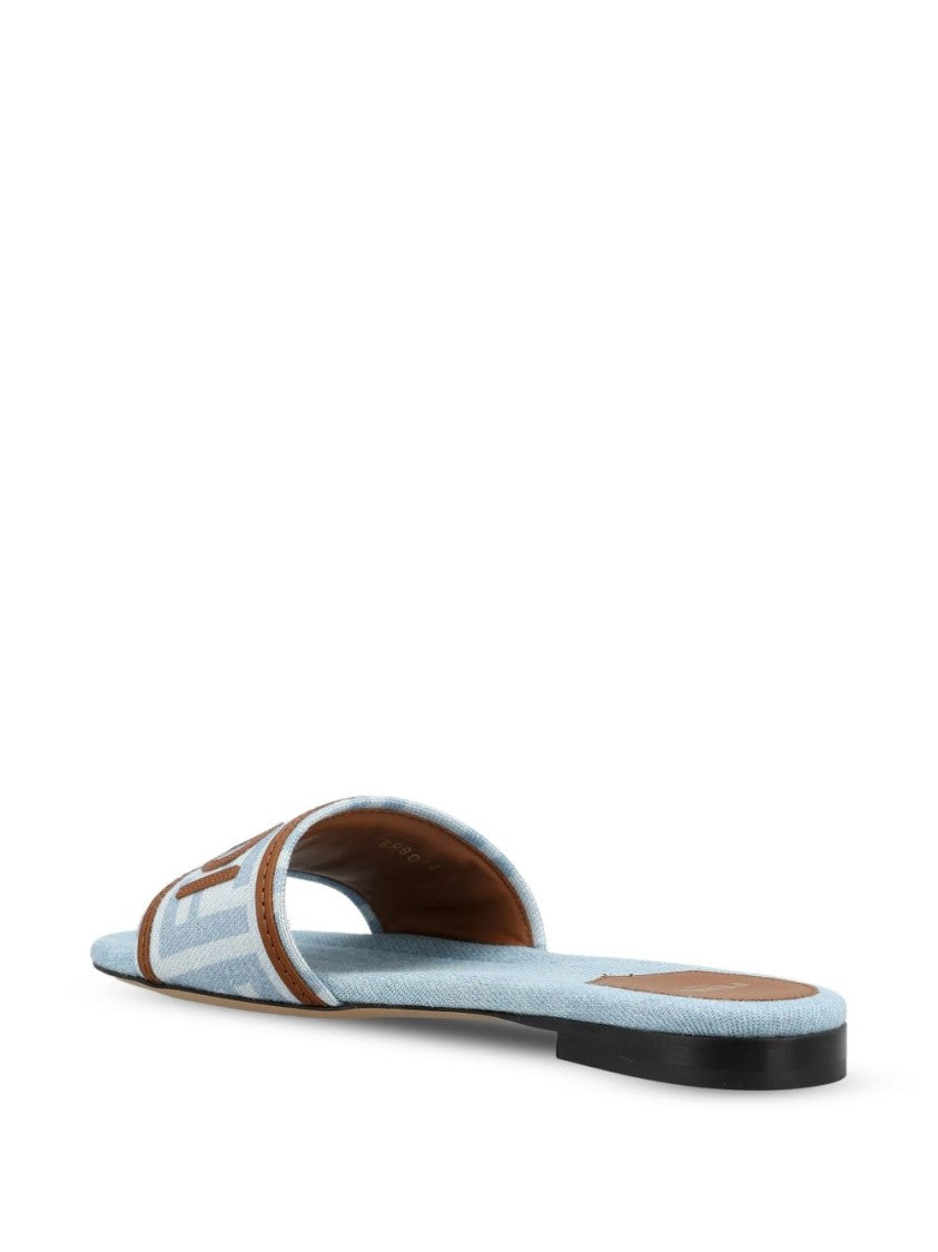 Fendi Light Blue Fabric Leather Trim Flats