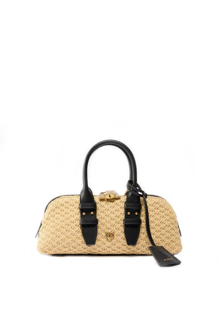 Pinko Beige Escape Raffia-Effect Leather Handles Polyethylene Tote Bag