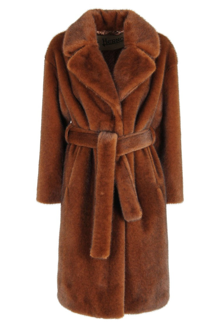 Herno Fondant Brown Faux Fur Coat With Removable Waist Belt