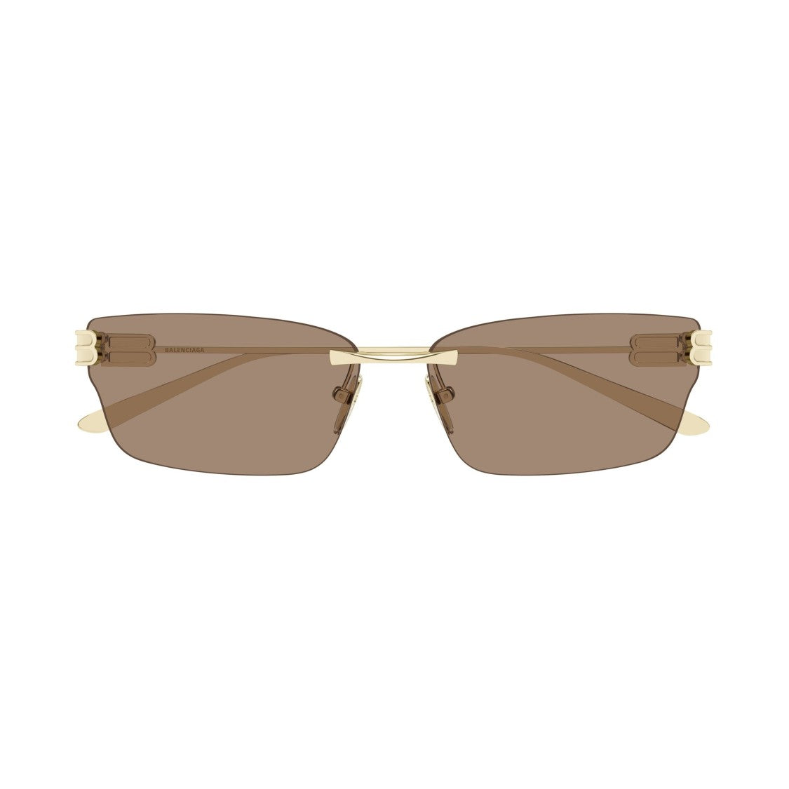 Balenciaga Rimless Gold Metal Sunglasses With Rectangular Brown Lenses