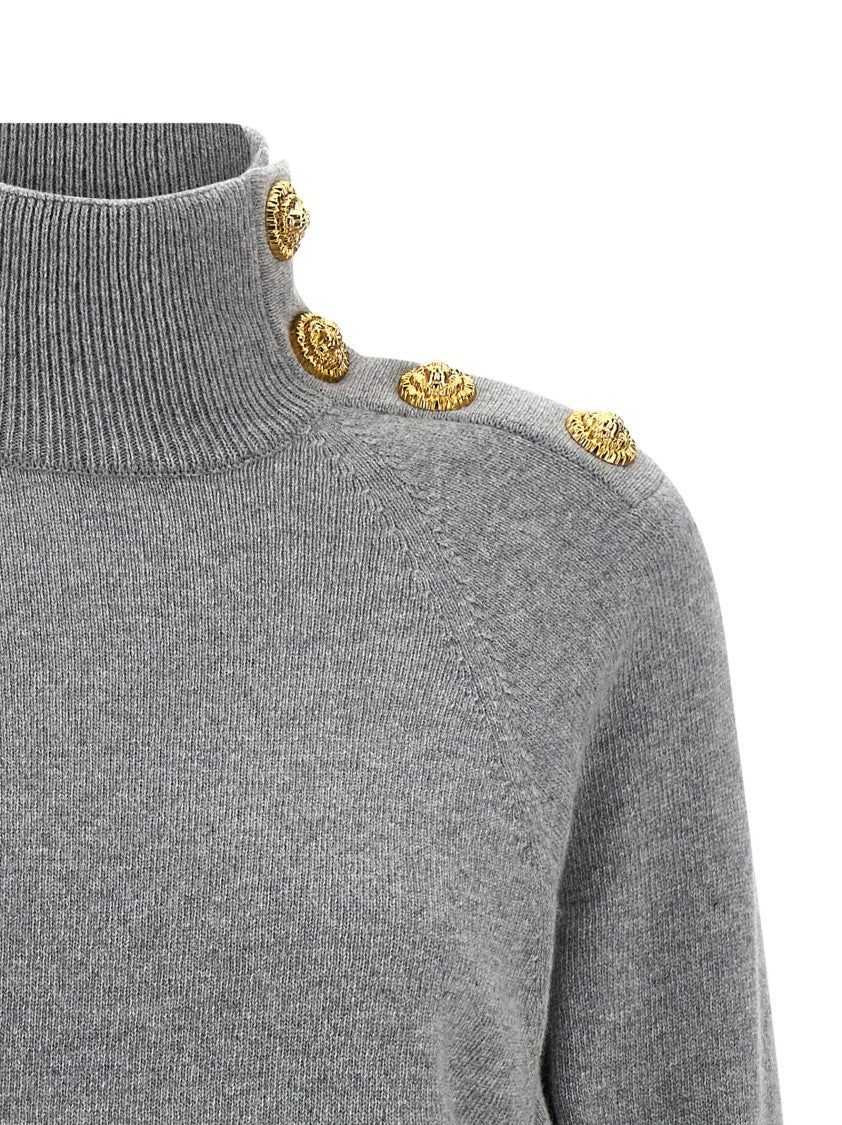 Balmain Cashmere And Virgin Wool Sweater With High Neck And Lion Head Buttons