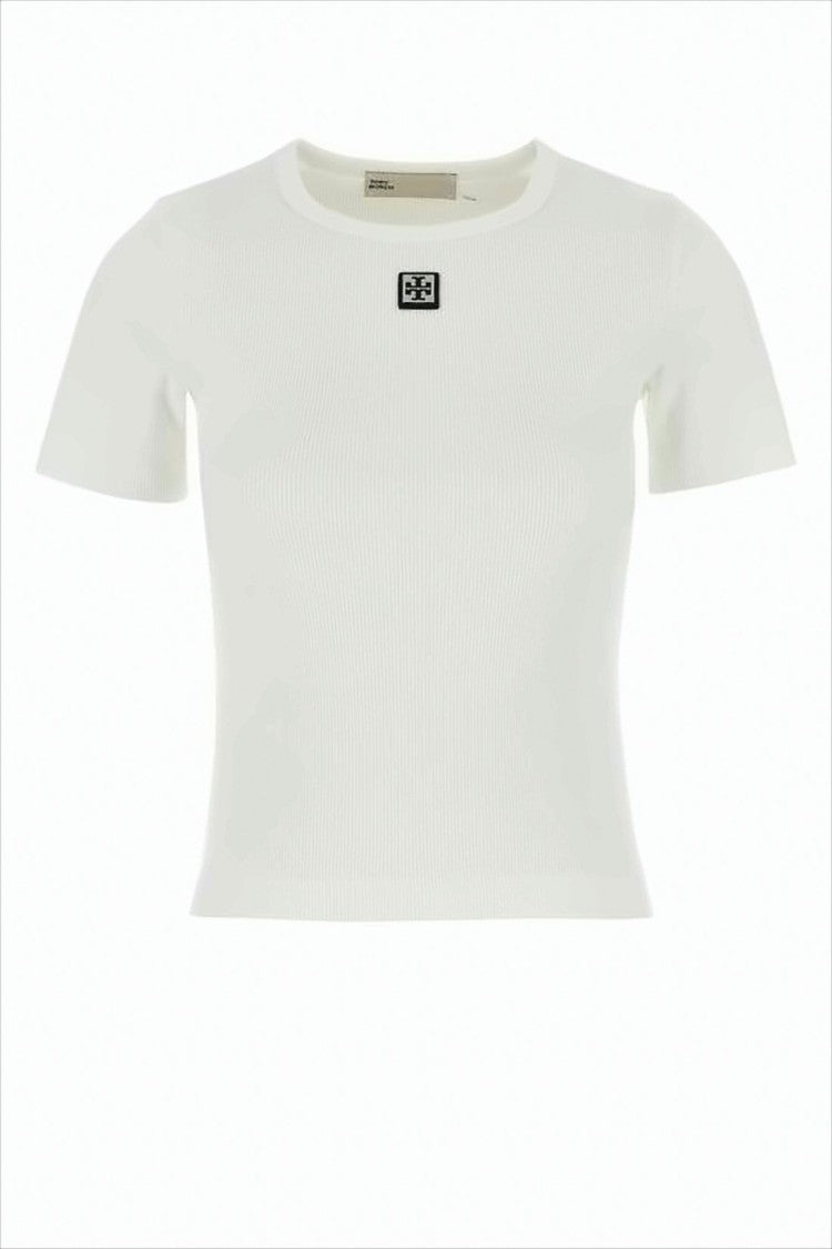 Tory Burch Fitted Ribbed White Top With Round Neckline