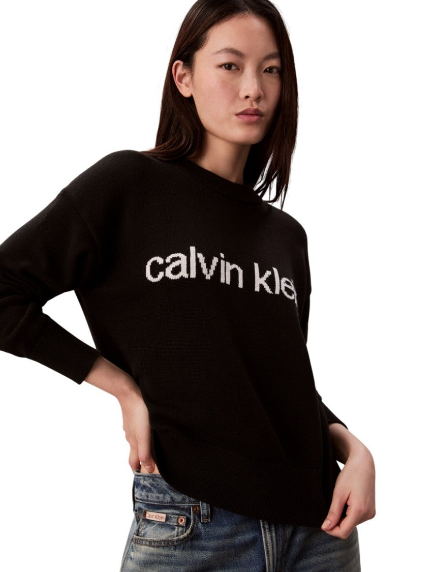 Calvin Klein Embroidered Cotton Knit Sweater With Ribbed Details