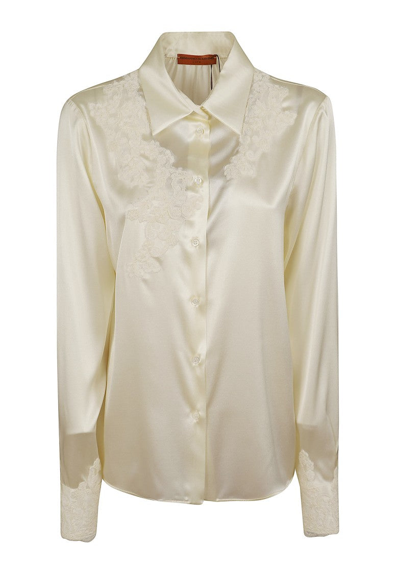Ermanno Scervino Cream White Lace Trim Satin Shirt
