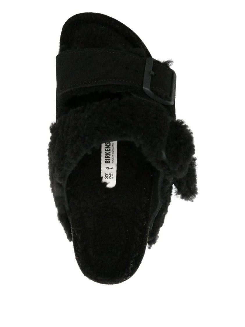 Birkenstock Plush Black Shearling Sandals With Adjustable Buckle