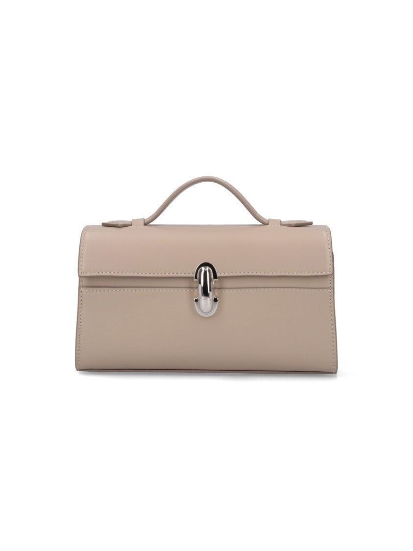 Savette Rectangular Beige Handbag With Silver Clasp Closure