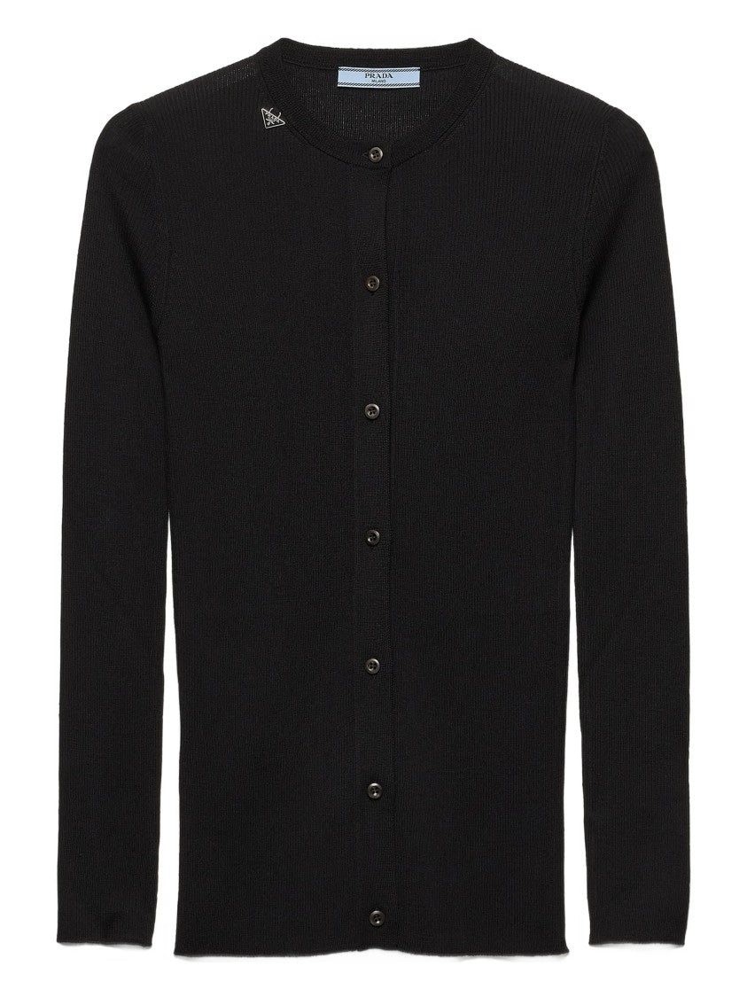 Prada Black Superfine Wool Ribbed Cardigan