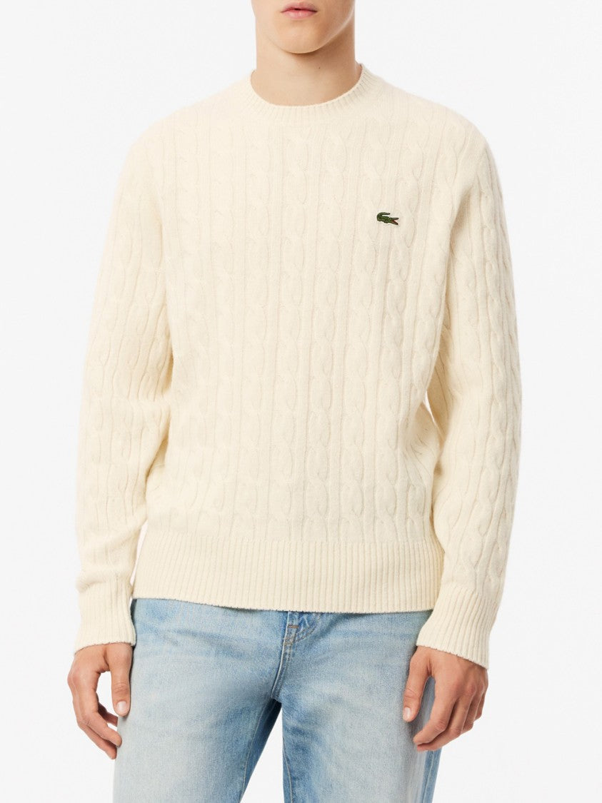Lacoste Cream Cable Knit Crew Neck Sweater