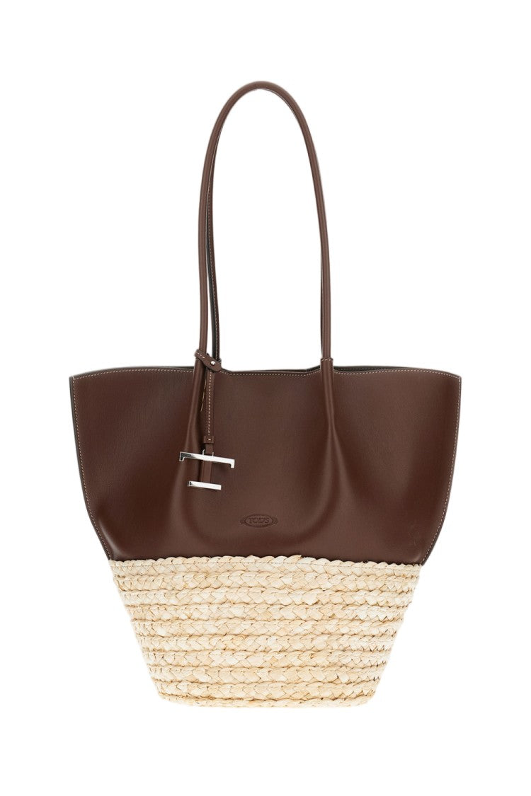 Tod's Medium Leather And Straw Shopping Bag With Removable Metal Charm