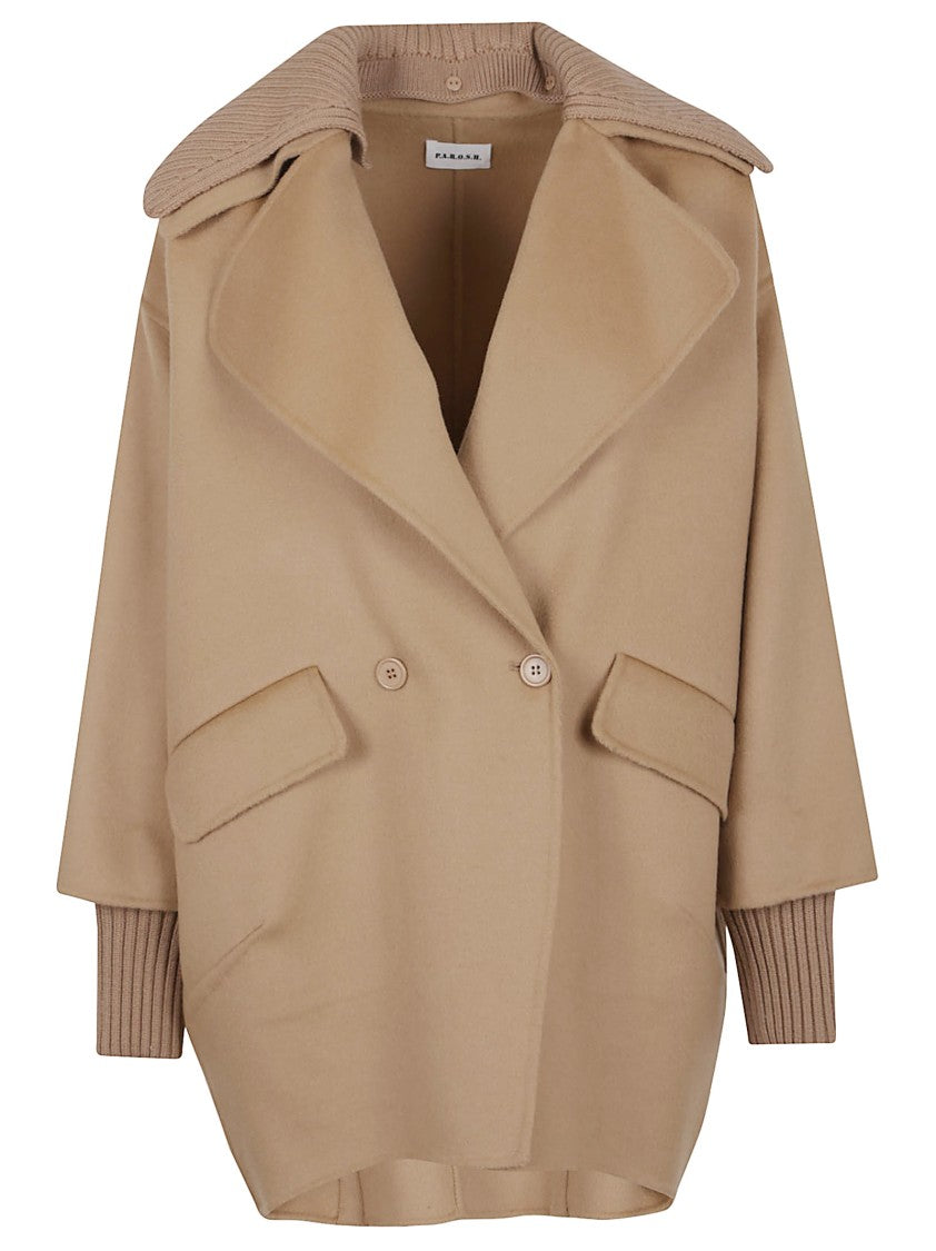 Parosh Nude Wool Cape With Double-Breasted Front
