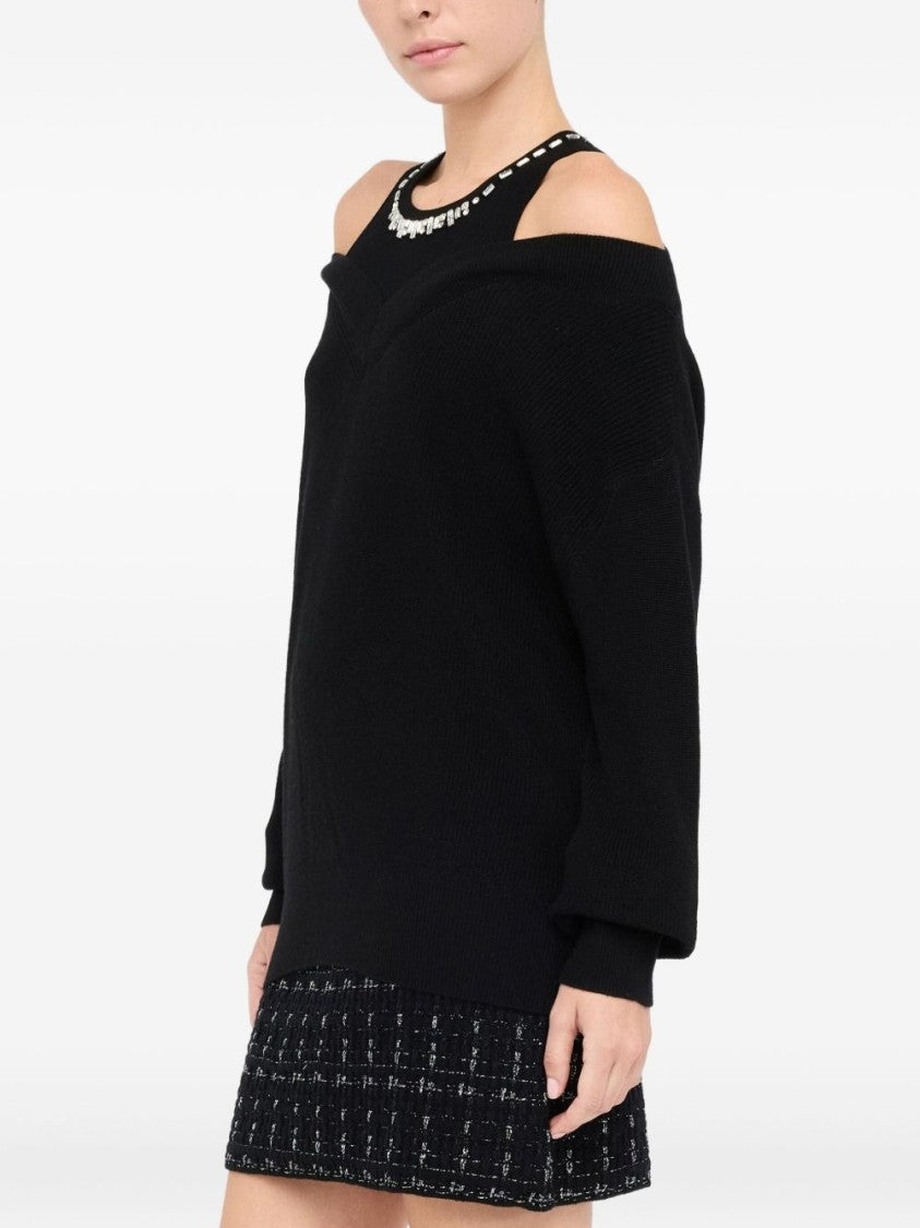 Liu Jo Off-Shoulder Black Knit Sweater With Elegant Embellishments