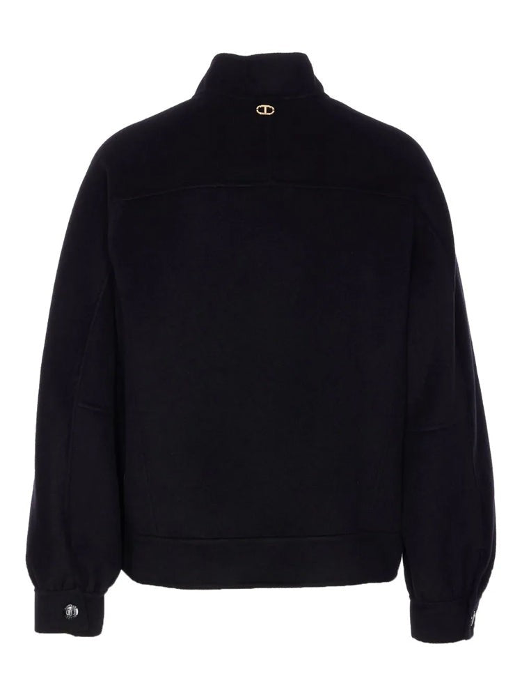 Twin-Set Black Cropped High-Collar Wool-Blend Bomber Jacket