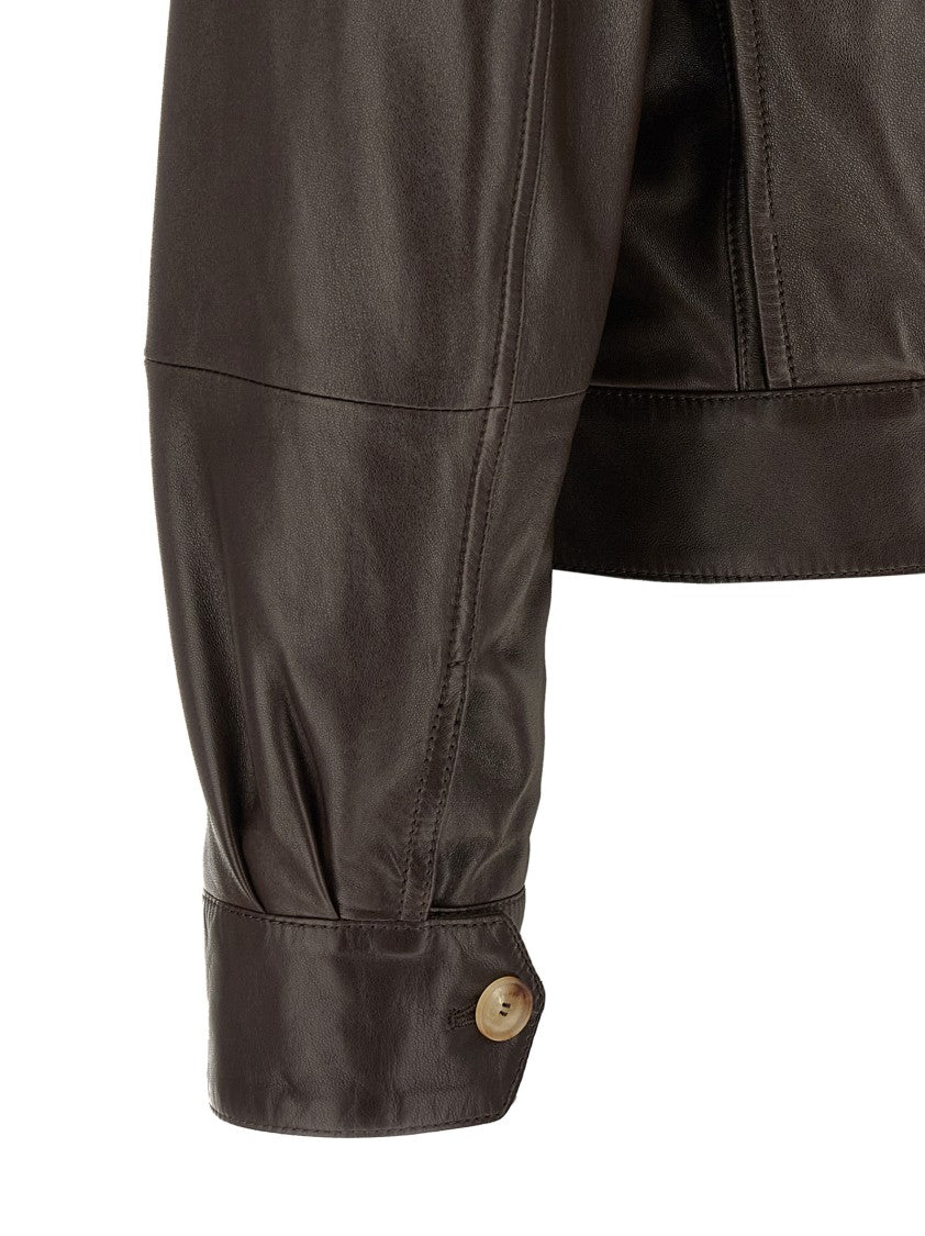 Brunello Cucinelli Structured Brown Nappa Leather Jacket With Classic Shirt Collar