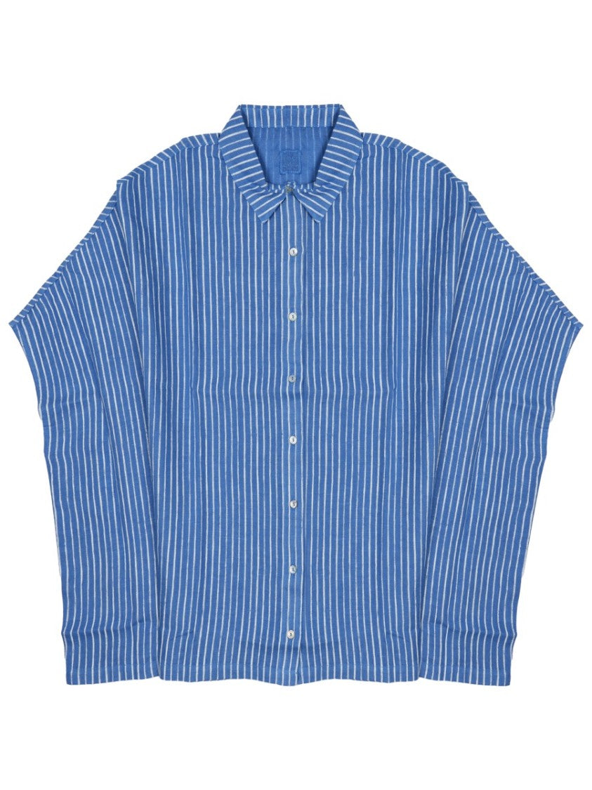 120% Lino Rich Blue Vertical Striped Shirt