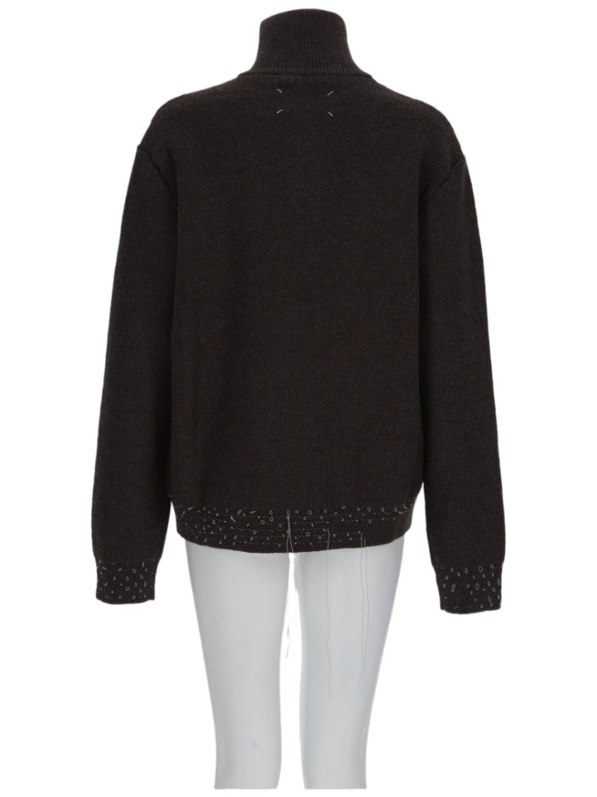Maison Margiela Black Distressed High-Collar Zippered Wool Sweater