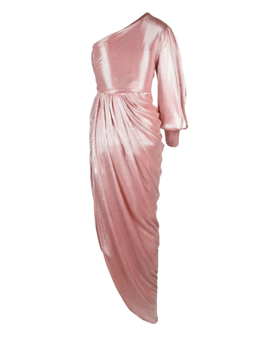 Rhea Costa Pink Polyamide One-Shoulder Ruched Lamé Maxi Dress