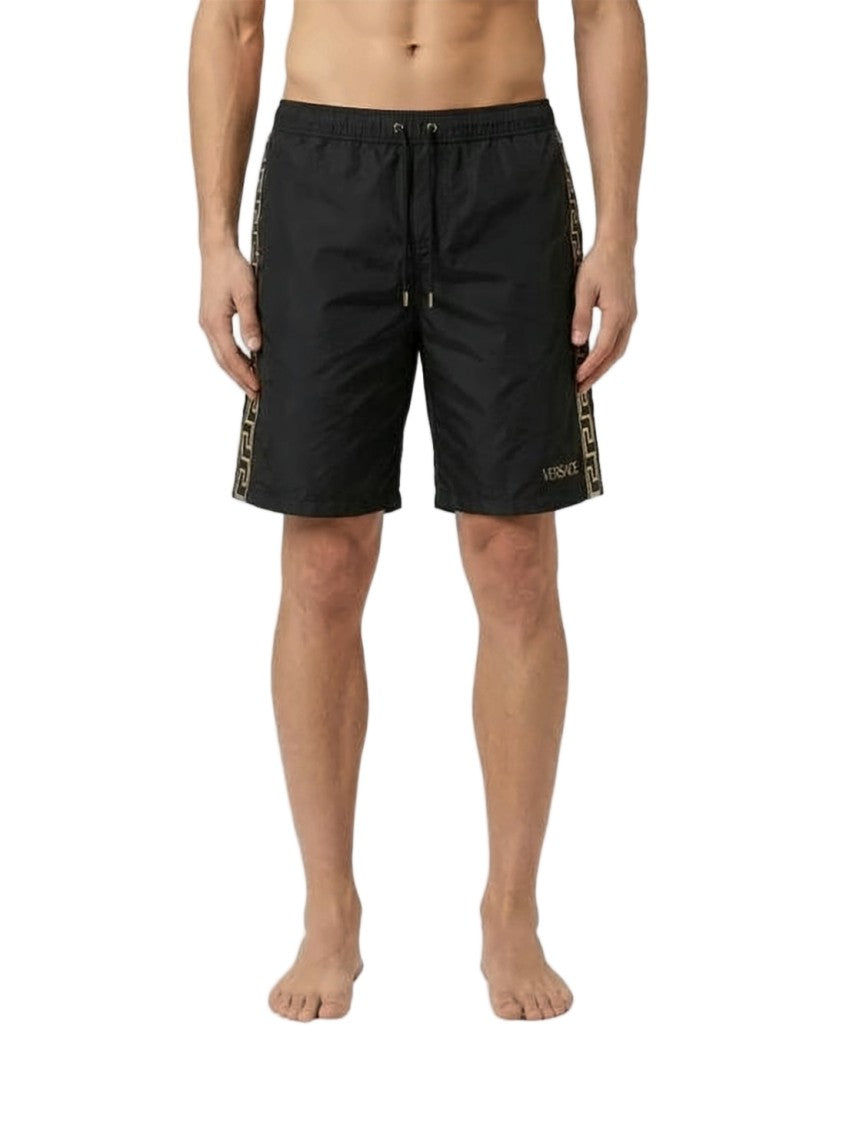 Versace Black Shorts With Gold-Tone Greek Key Pattern