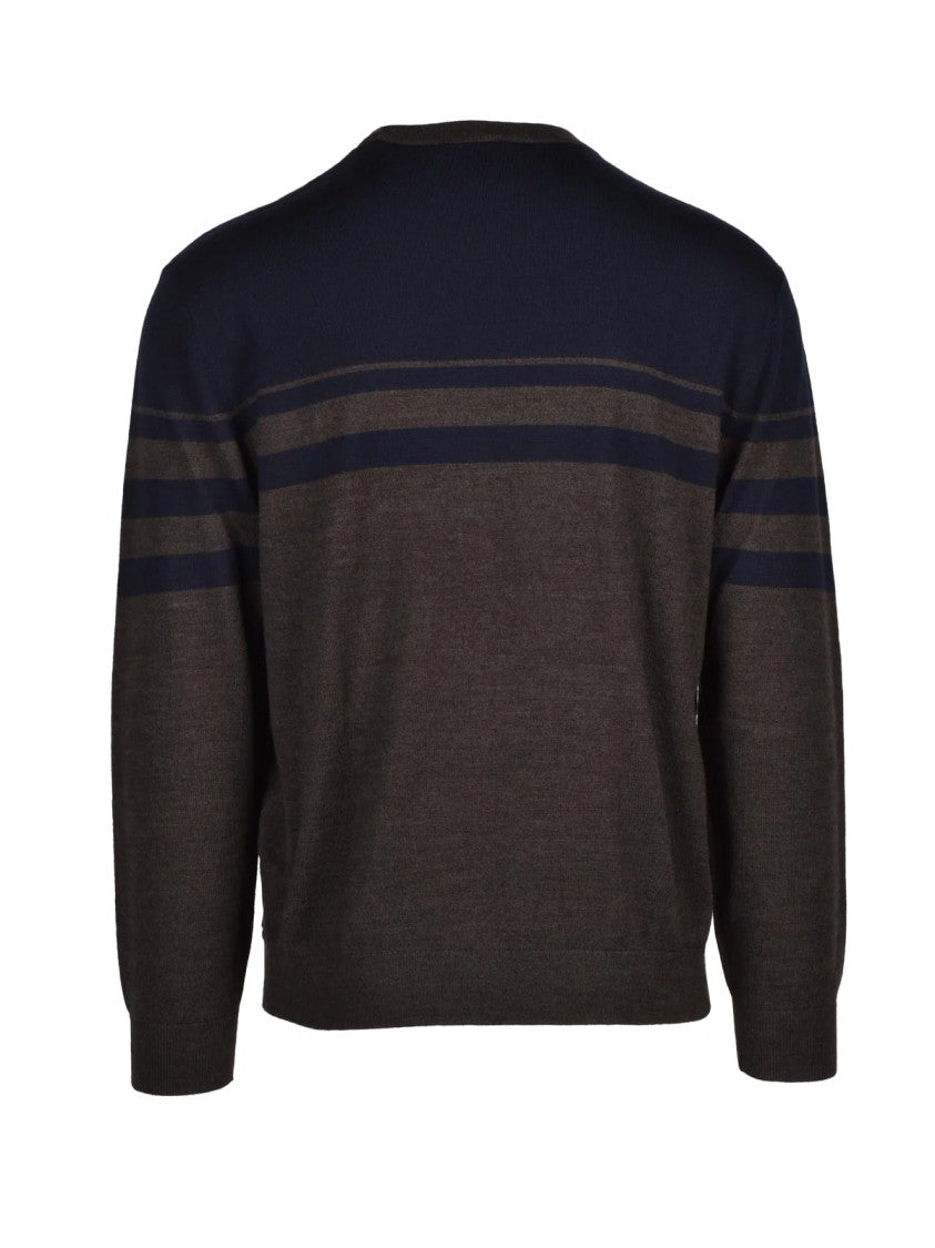Armani Exchange Blue/Brown Striped Virgin Wool-Blend Crewneck Sweater