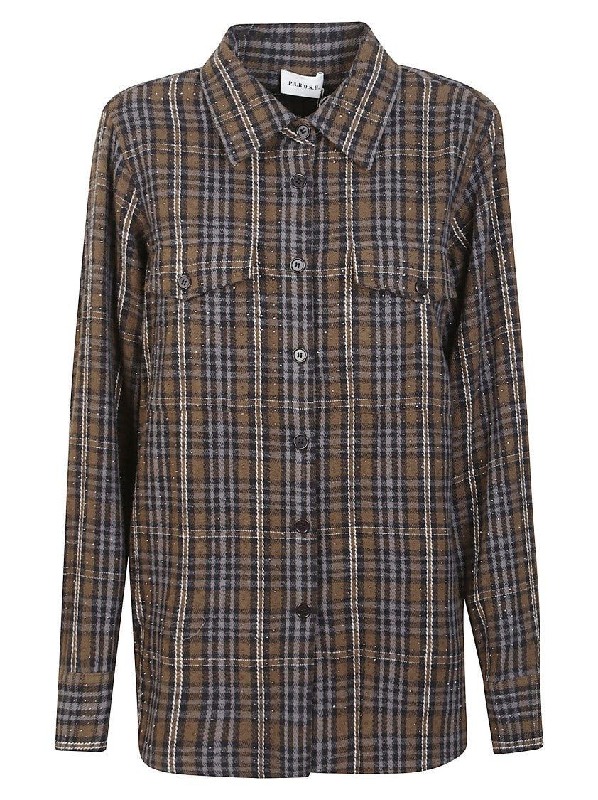 P.A.R.O.S.H. Green Check Cotton Shirt With Rhinestone Embellishments