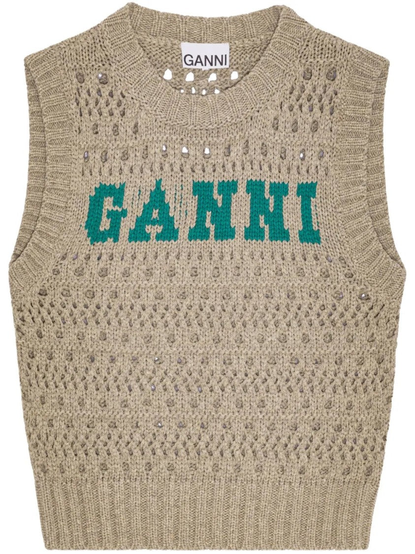 Ganni Intarsia-Knit Tank Top With Logo