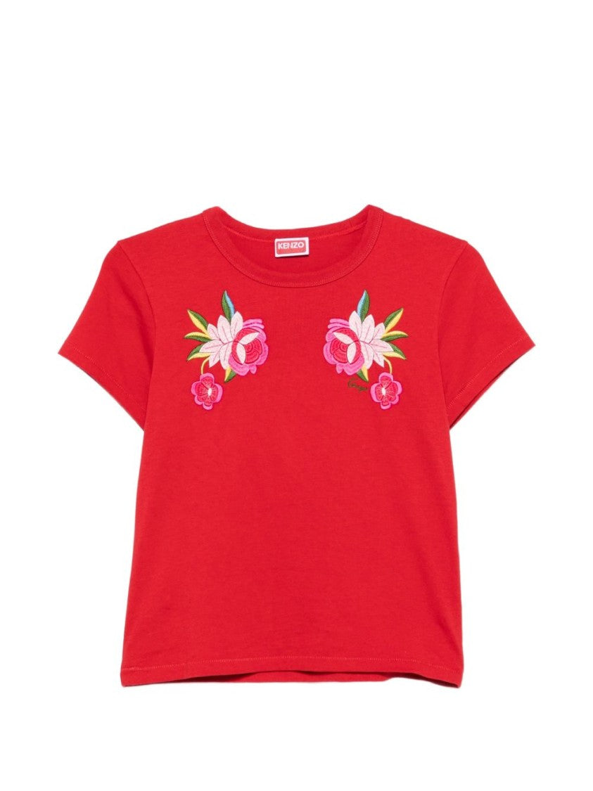Kenzo Cropped Red Top With Floral Embroidery
